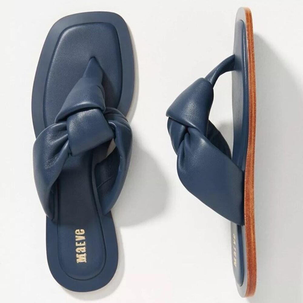 Maeve Anthropologie Navy Puffy Slide Sandals Size 7 Knotted Leather Slides